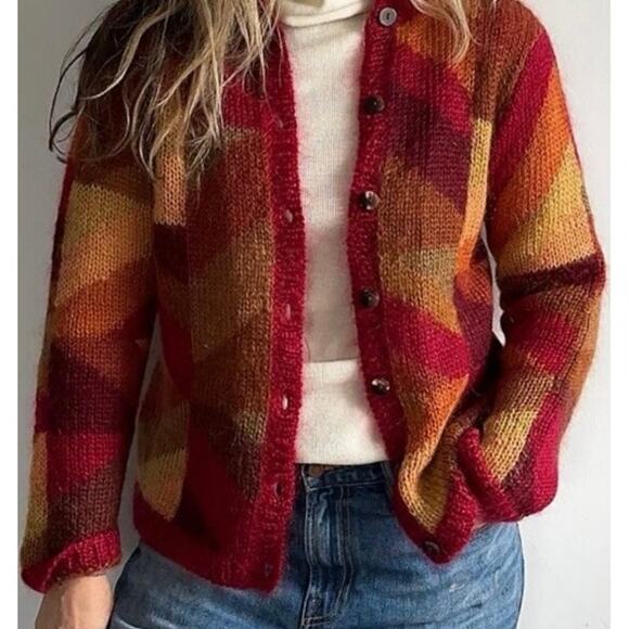 Vintage Talbots Hand Knit Red Mohair Blend Fluffy Grannycore Cardigan Sz P - Picture 5 of 13